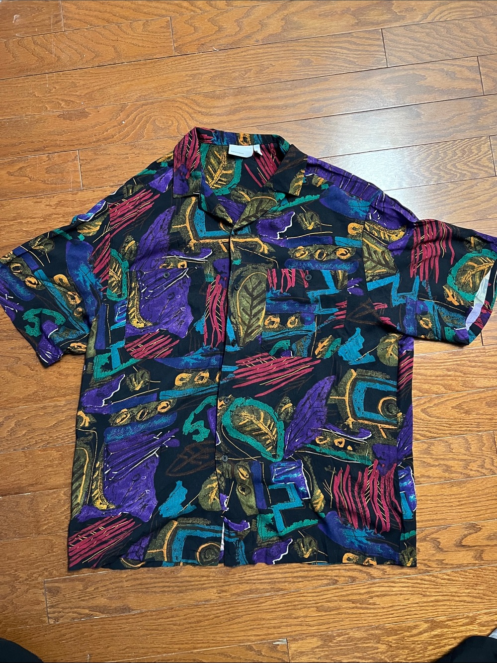 Men's Short Sleeve Button Shirt in Black with Multicolor Abstract Print